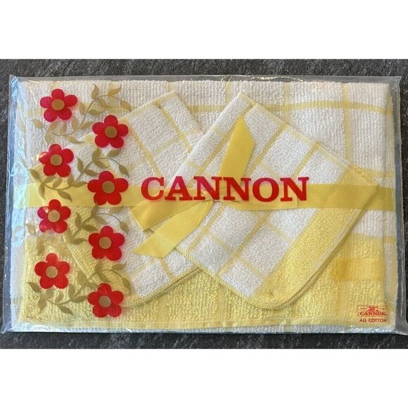 Vintage Cannon Cotton Yellow White Kitchen Towel & Dish Cloth Set In Package - Picture 1 of 3